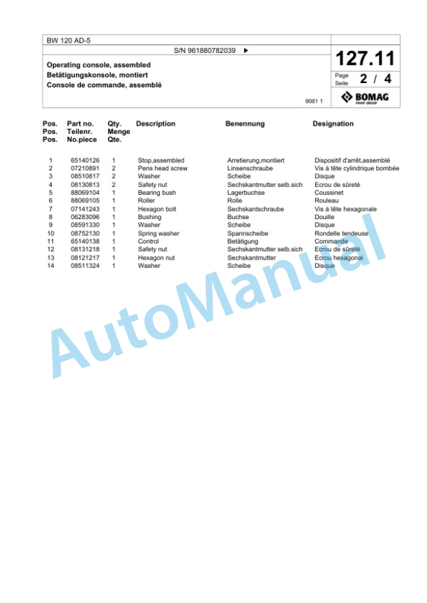 Bomag BW 120 AD-5 Tandem Vibratory Roller Spare Parts Catalogue 00826689-3