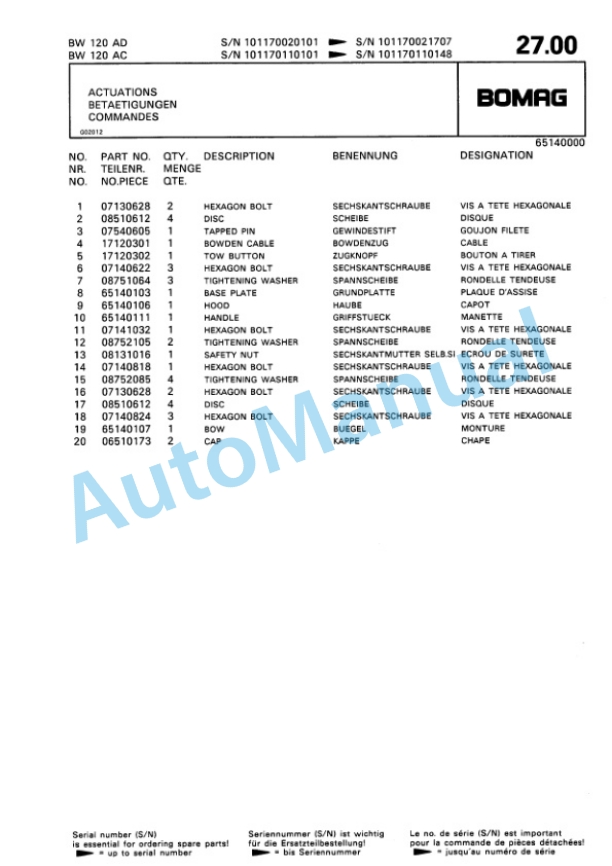 Bomag BW 120 AD, BW 120 AC Double Vibratory Roller Spare Parts Catalogue 00810019-2