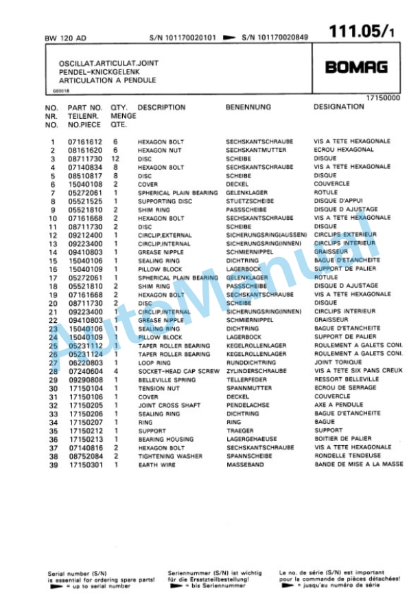 Bomag BW 120 AD, BW 120 AC Double Vibratory Roller Spare Parts Catalogue 00810019-4