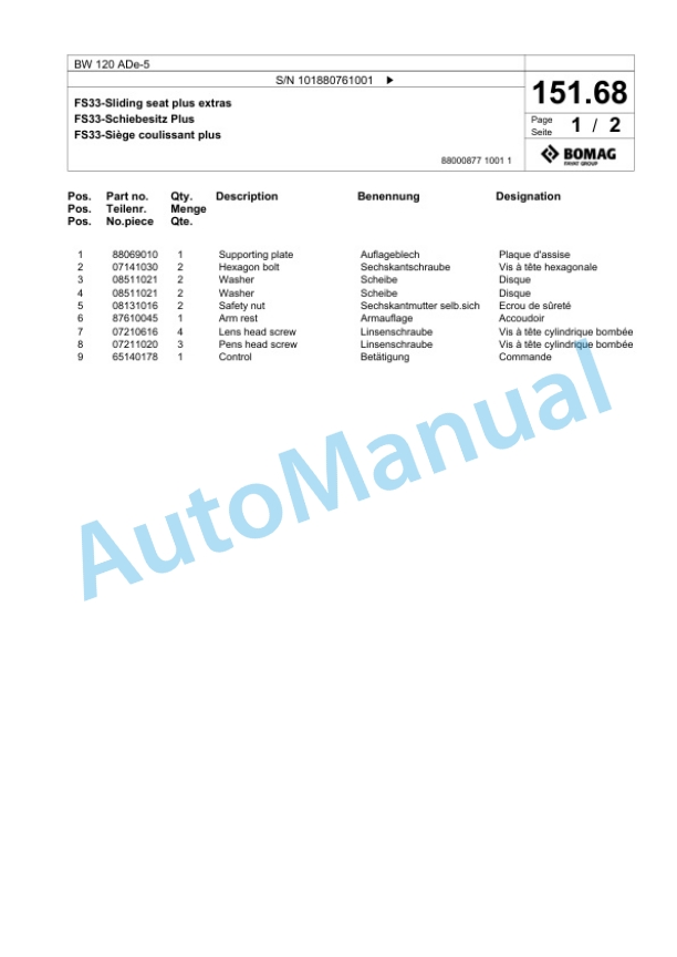 Bomag BW 120 ADe-5 Tandem Vibratory Roller Spare Parts Catalogue 00826735-3