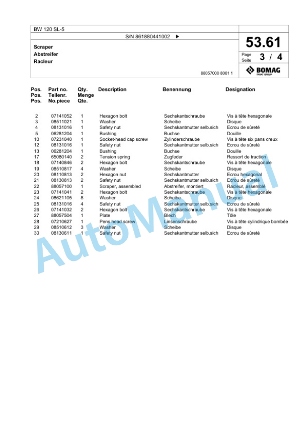 Bomag BW 120 SL-5 Tandem Vibratory Roller Spare Parts Catalogue 00825001-2