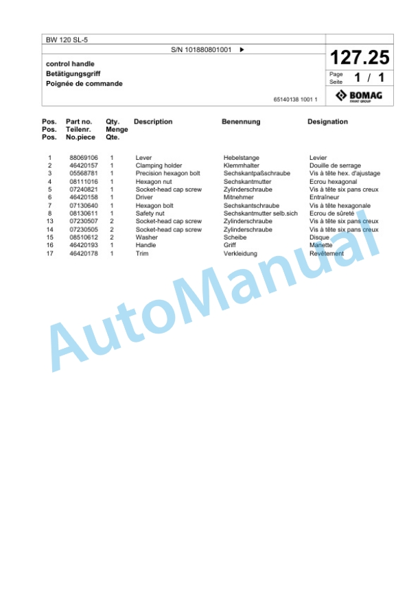 Bomag BW 120 SL-5 Tandem Vibratory Roller Spare Parts Catalogue 00826779-4