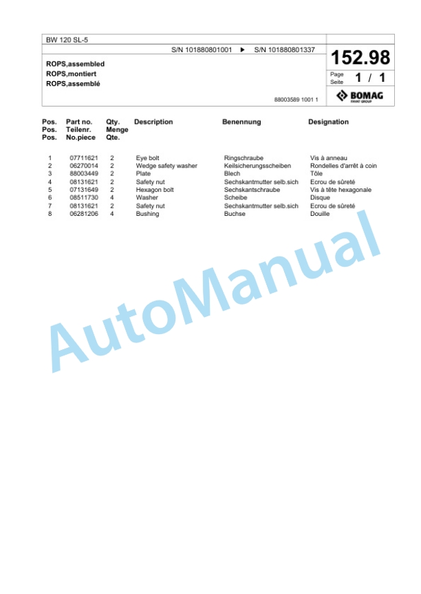 Bomag BW 120 SL-5 Tandem Vibratory Roller Spare Parts Catalogue 00826779-5