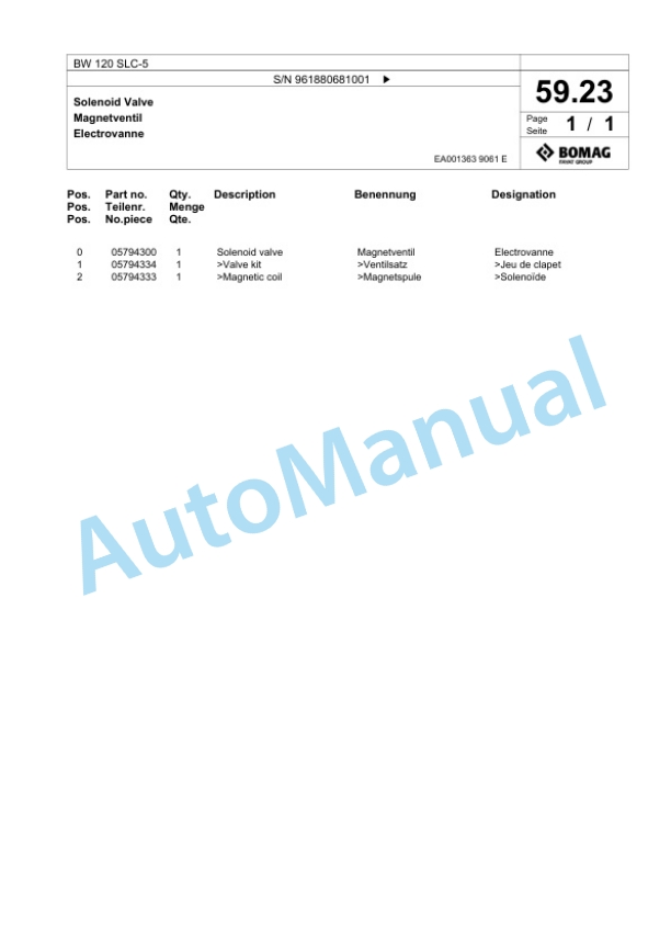 Bomag BW 120 SLC-5 Combination Roller Spare Parts Catalogue 00826435-2