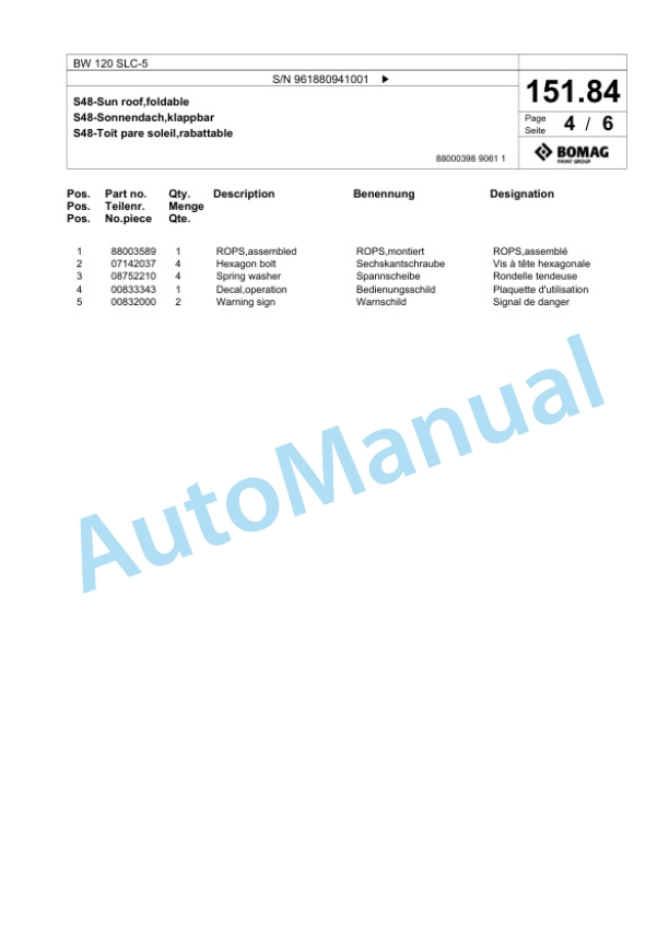 Bomag BW 120 SLC-5 Combination Roller Spare Parts Catalogue 00827051-5