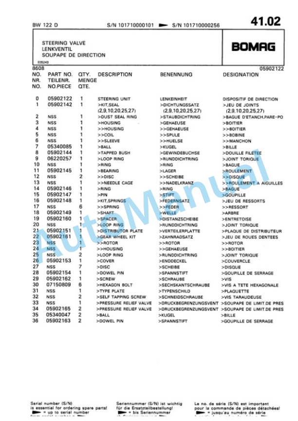 Bomag BW 122 D Single Drum Wheel Drive Vibratory Roller Spare Parts Catalogue 00810144-4
