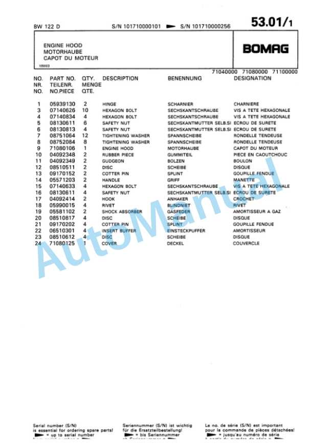 Bomag BW 122 D Single Drum Wheel Drive Vibratory Roller Spare Parts Catalogue 00810144-5