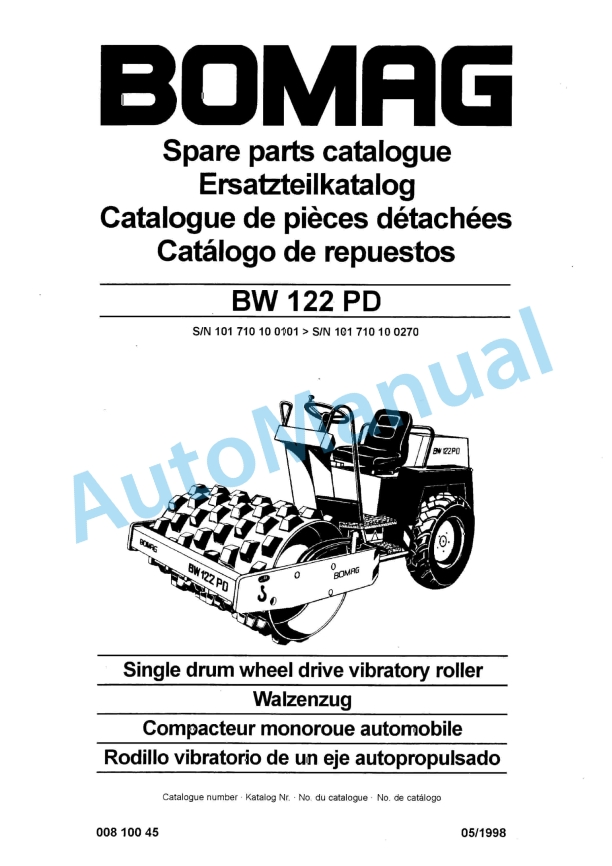 Bomag BW 122 PD Single Drum Wheel Drive Vibratory Roller Spare Parts Catalogue 00810045