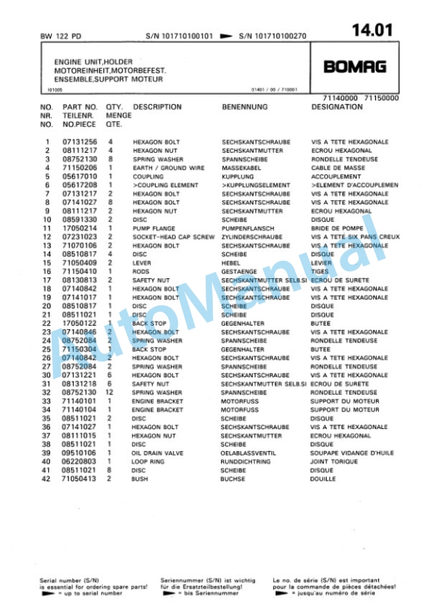 Bomag BW 122 PD Single Drum Wheel Drive Vibratory Roller Spare Parts Catalogue 00810045-2