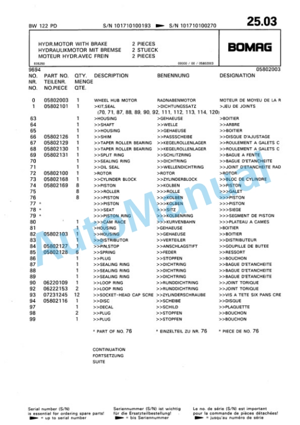 Bomag BW 122 PD Single Drum Wheel Drive Vibratory Roller Spare Parts Catalogue 00810045-3