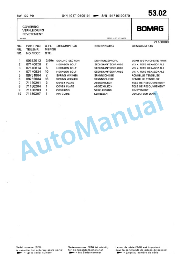 Bomag BW 122 PD Single Drum Wheel Drive Vibratory Roller Spare Parts Catalogue 00810045-5