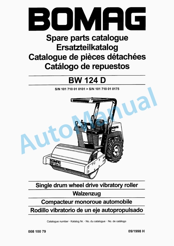 Bomag BW 124 D Single Drum Wheel Drive Vibratory Roller Spare Parts Catalogue 00810079