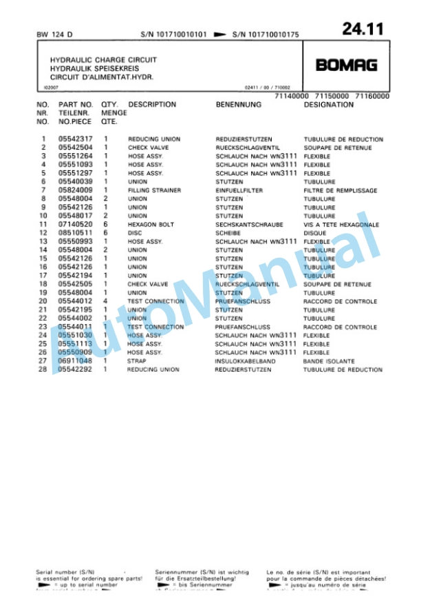Bomag BW 124 D Single Drum Wheel Drive Vibratory Roller Spare Parts Catalogue 00810079-3