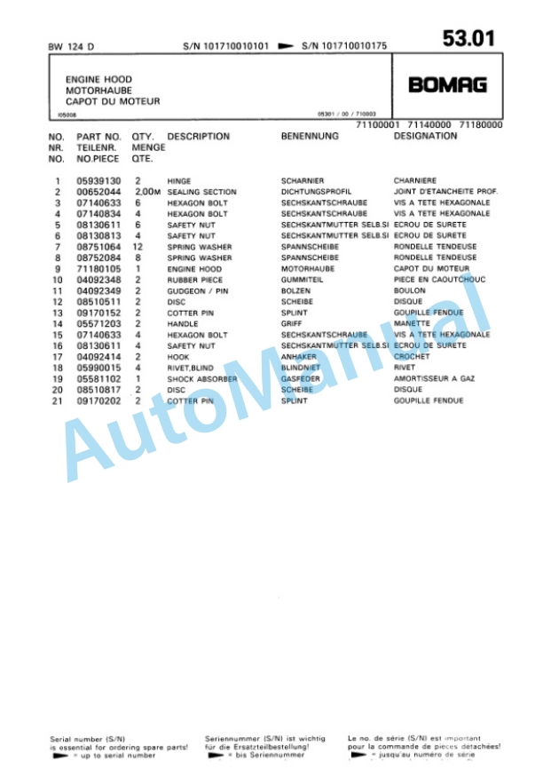 Bomag BW 124 D Single Drum Wheel Drive Vibratory Roller Spare Parts Catalogue 00810079-5