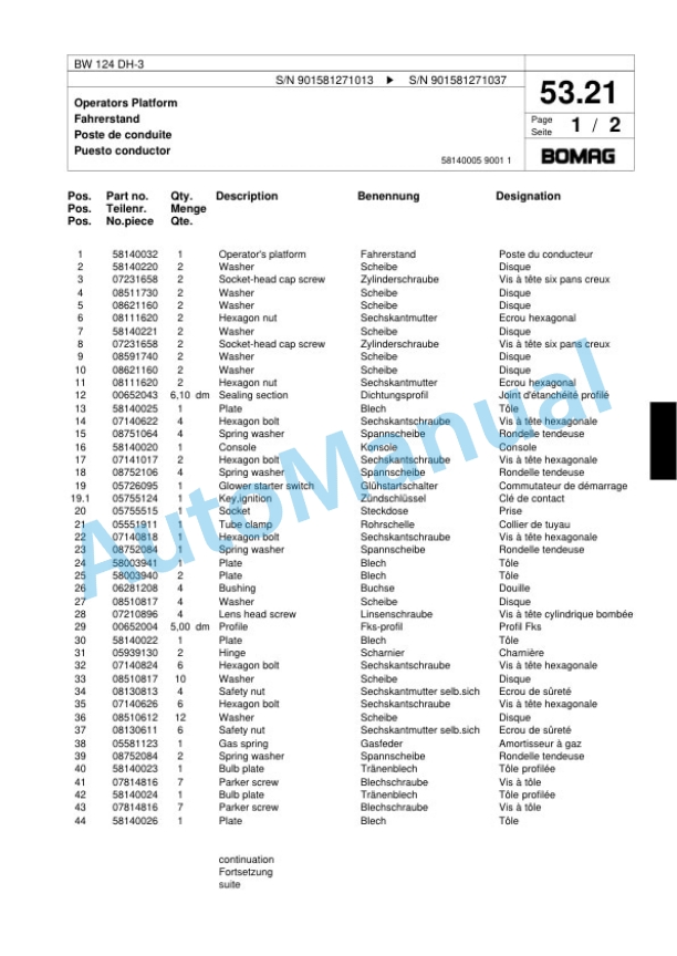 Bomag BW 124 DH-3 Single Drum Wheel Drive Vibratory Roller Spare Parts Catalogue 00817634-2
