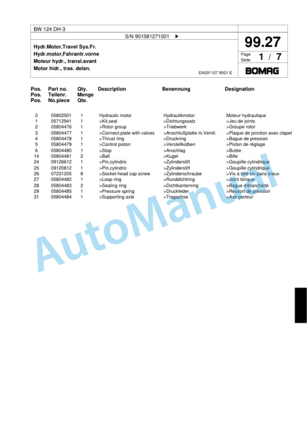 Bomag BW 124 DH-3 Single Drum Wheel Drive Vibratory Roller Spare Parts Catalogue 00817634-4