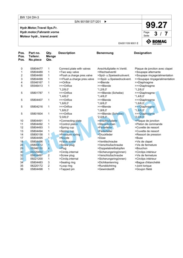 Bomag BW 124 DH-3 Single Drum Wheel Drive Vibratory Roller Spare Parts Catalogue 00818019-4