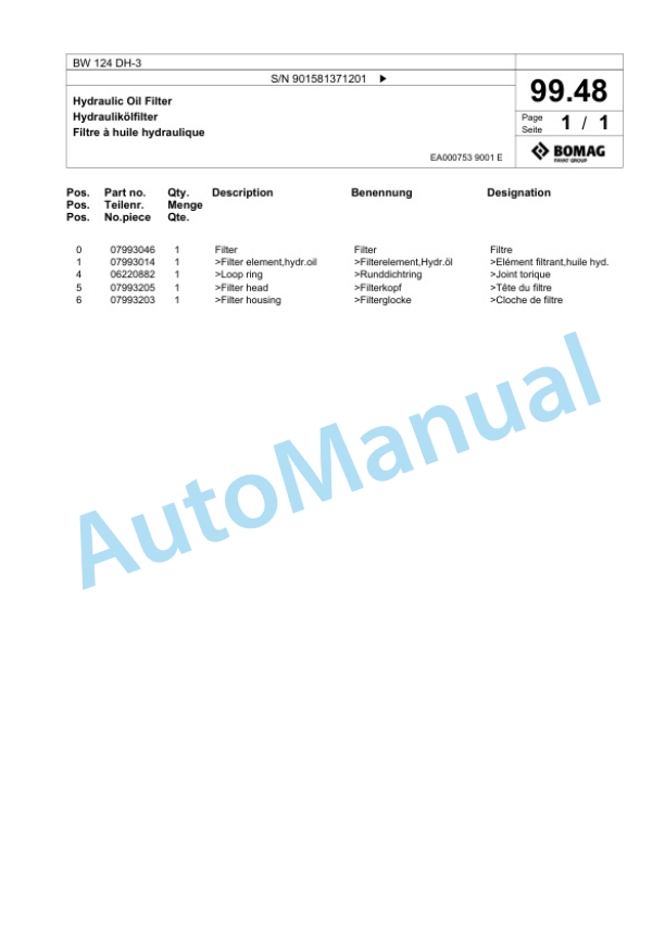 Bomag BW 124 DH-3 Single Drum Wheel Drive Vibratory Roller Spare Parts Catalogue 00818019-5