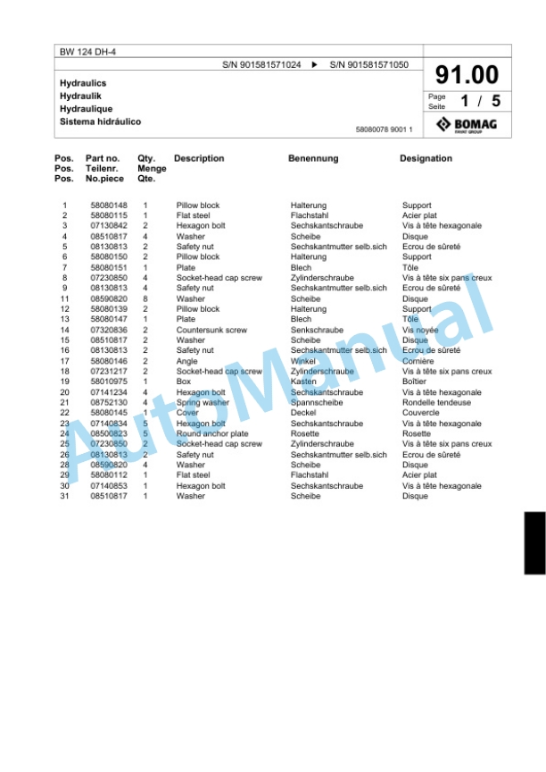 Bomag BW 124 DH-4 Single Drum Wheel Drive Vibratory Roller Spare Parts Catalogue 00818295-3