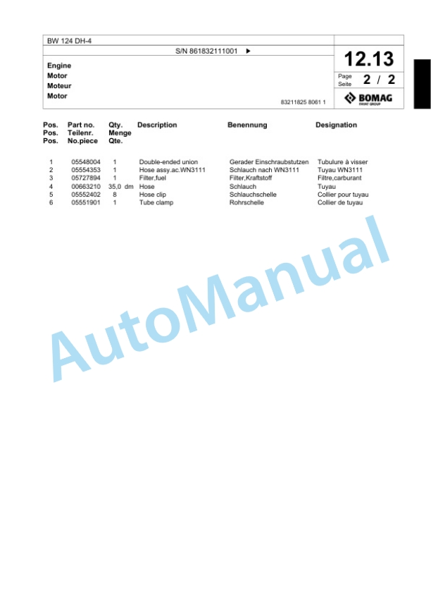 Bomag BW 124 DH-4 Single Drum Wheel Drive Vibratory Roller Spare Parts Catalogue 00824495-2