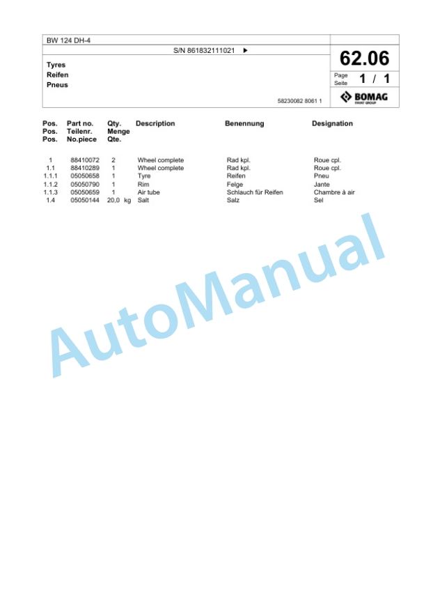 Bomag BW 124 DH-4 Single Drum Wheel Drive Vibratory Roller Spare Parts Catalogue 00824709-3