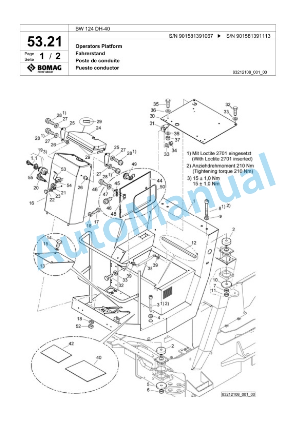 Bomag BW 124 DH-40 Single Drum Wheel Drive Vibratory Roller Spare Parts Catalogue 00818521-2