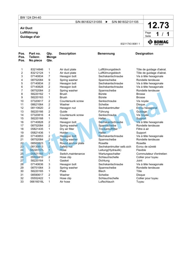 Bomag BW 124 DH-40 Single Drum Wheel Drive Vibratory Roller Spare Parts Catalogue 00824499-2