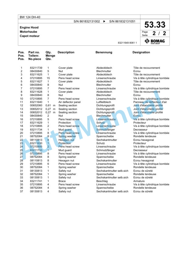 Bomag BW 124 DH-40 Single Drum Wheel Drive Vibratory Roller Spare Parts Catalogue 00824499-3