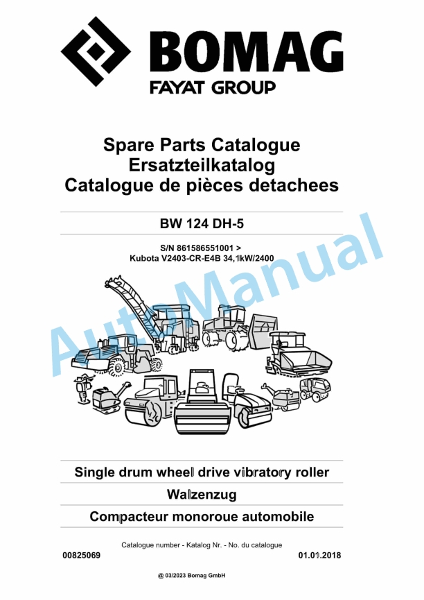 Bomag BW 124 DH-5 Single Drum Wheel Drive Vibratory Roller Spare Parts Catalogue 00825069