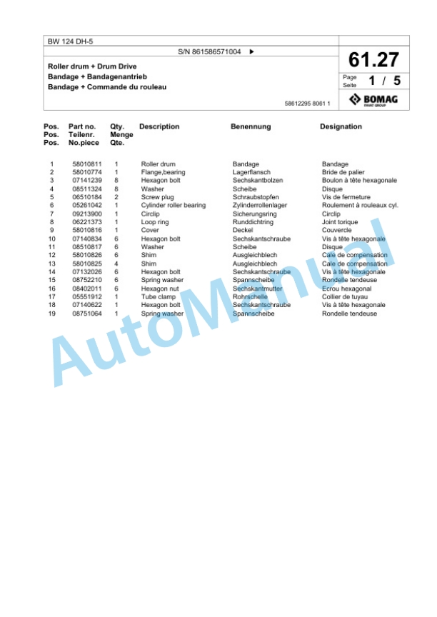 Bomag BW 124 DH-5 Single Drum Wheel Drive Vibratory Roller Spare Parts Catalogue 00825193-2