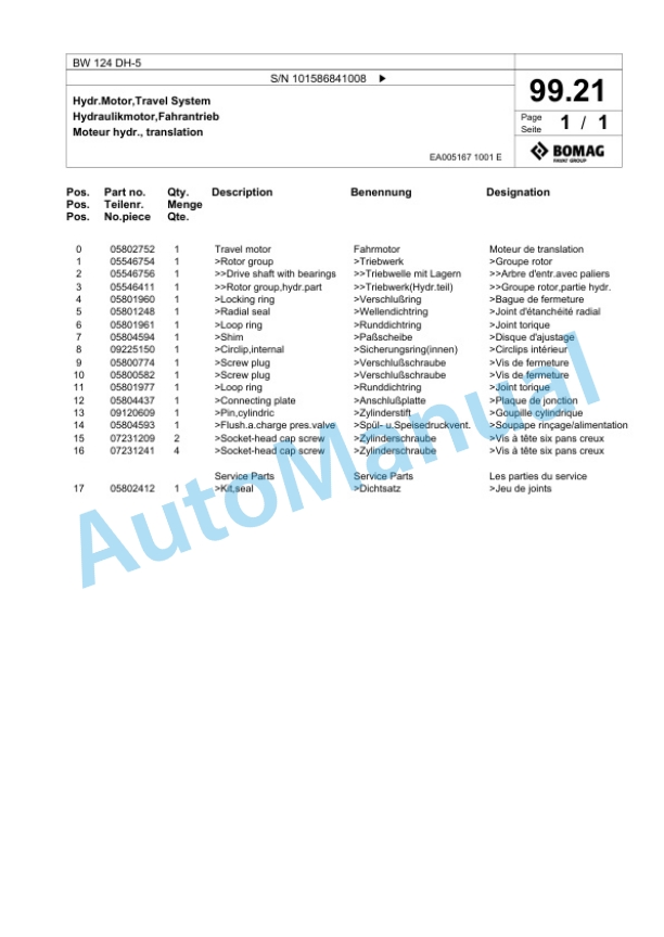 Bomag BW 124 DH-5 Single Drum Wheel Drive Vibratory Roller Spare Parts Catalogue 00825441-3