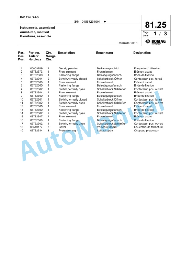 Bomag BW 124 DH-5 Single Drum Wheel Drive Vibratory Roller Spare Parts Catalogue 00825623-2