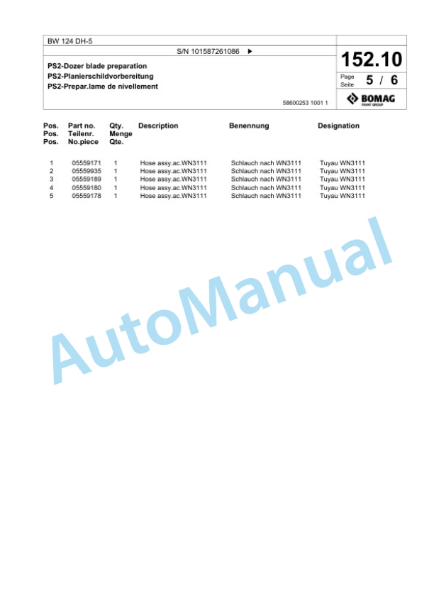 Bomag BW 124 DH-5 Single Drum Wheel Drive Vibratory Roller Spare Parts Catalogue 00825623-5