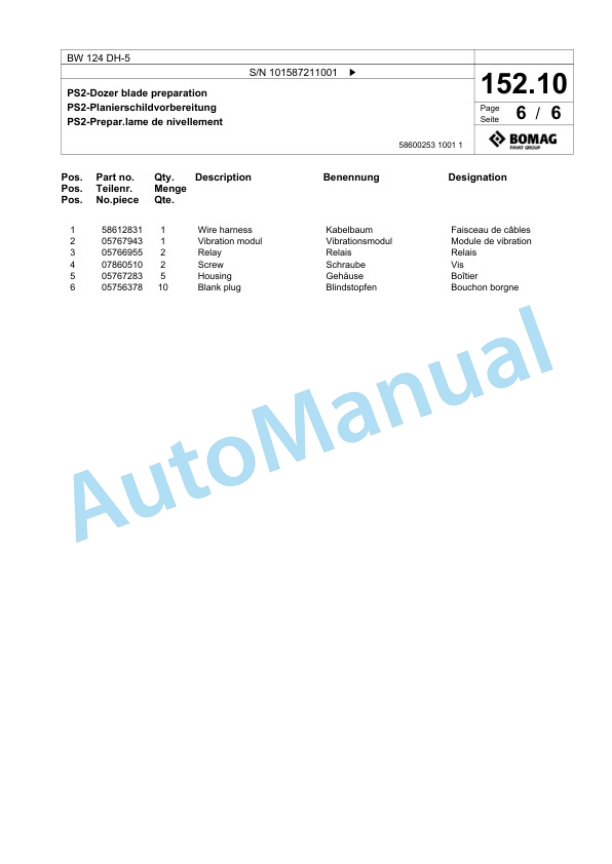 Bomag BW 124 DH-5 Single Drum Wheel Drive Vibratory Roller Spare Parts Catalogue 00825733-5