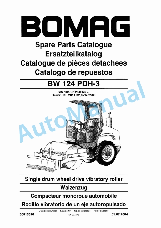 Bomag BW 124 PDH-3 Single Drum Wheel Drive Vibratory Roller Spare Parts Catalogue 00815526