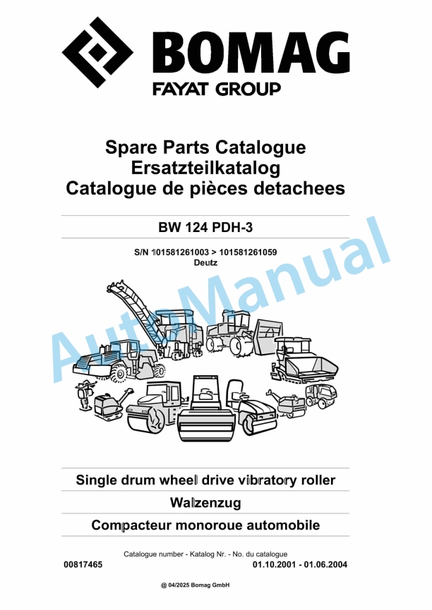 Bomag BW 124 PDH-3 Single Drum Wheel Drive Vibratory Roller Spare Parts Catalogue 00817465