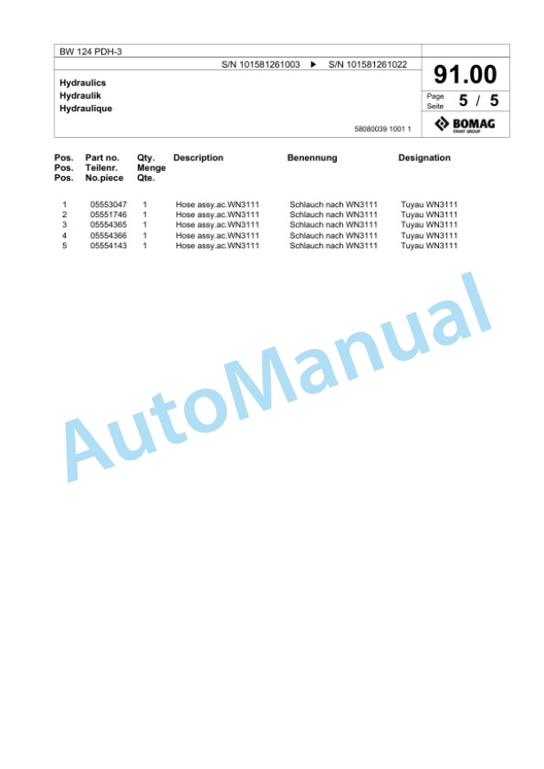 Bomag BW 124 PDH-3 Single Drum Wheel Drive Vibratory Roller Spare Parts Catalogue 00817465-4