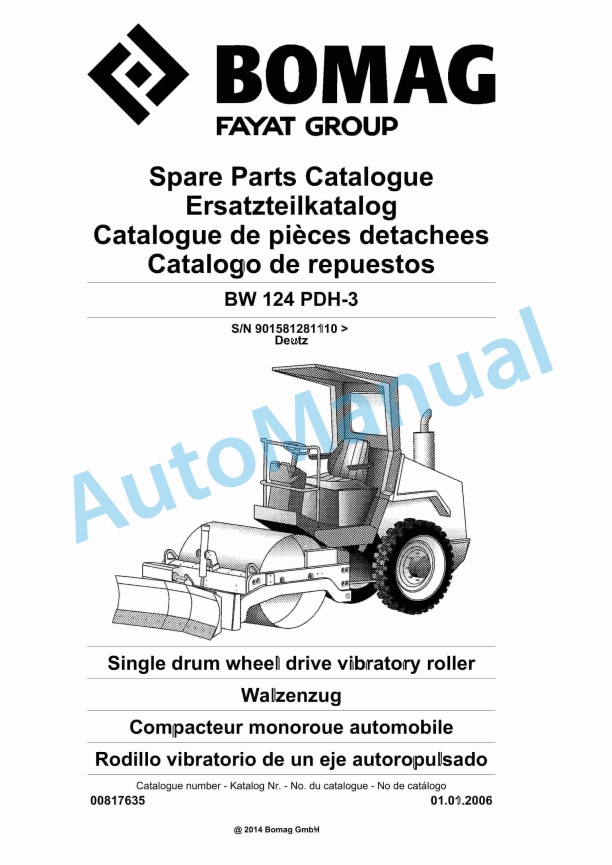 Bomag BW 124 PDH-3 Single Drum Wheel Drive Vibratory Roller Spare Parts Catalogue 00817635