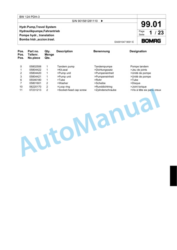 Bomag BW 124 PDH-3 Single Drum Wheel Drive Vibratory Roller Spare Parts Catalogue 00817635-3