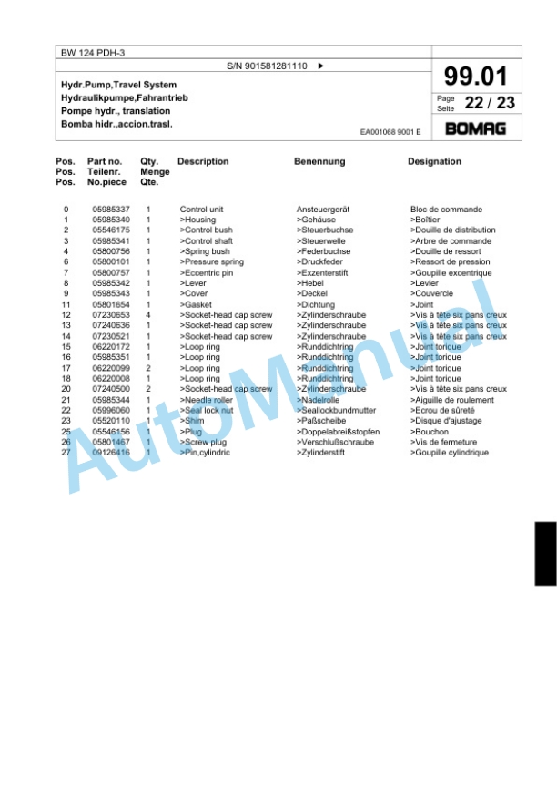 Bomag BW 124 PDH-3 Single Drum Wheel Drive Vibratory Roller Spare Parts Catalogue 00817635-4