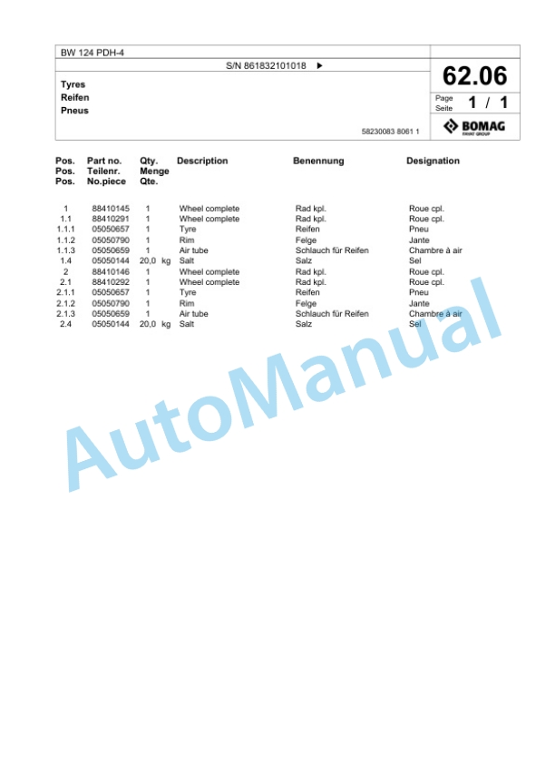 Bomag BW 124 PDH-4 Single Drum Wheel Drive Vibratory Roller Spare Parts Catalogue 00824707-3
