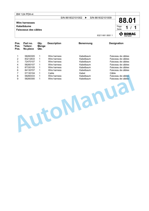 Bomag BW 124 PDH-4 Single Drum Wheel Drive Vibratory Roller Spare Parts Catalogue 00824707-4
