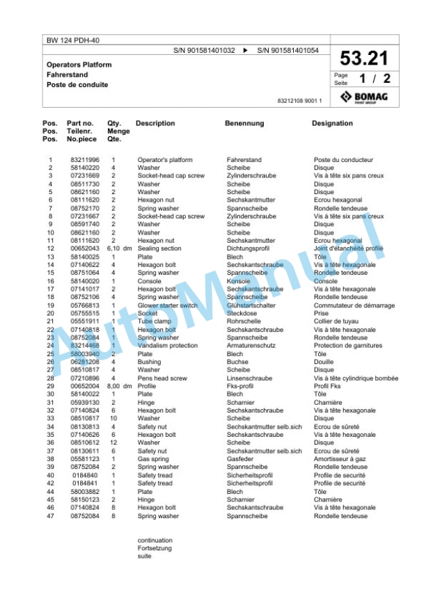 Bomag BW 124 PDH-40 Single Drum Wheel Drive Vibratory Roller Spare Parts Catalogue 00818523-2