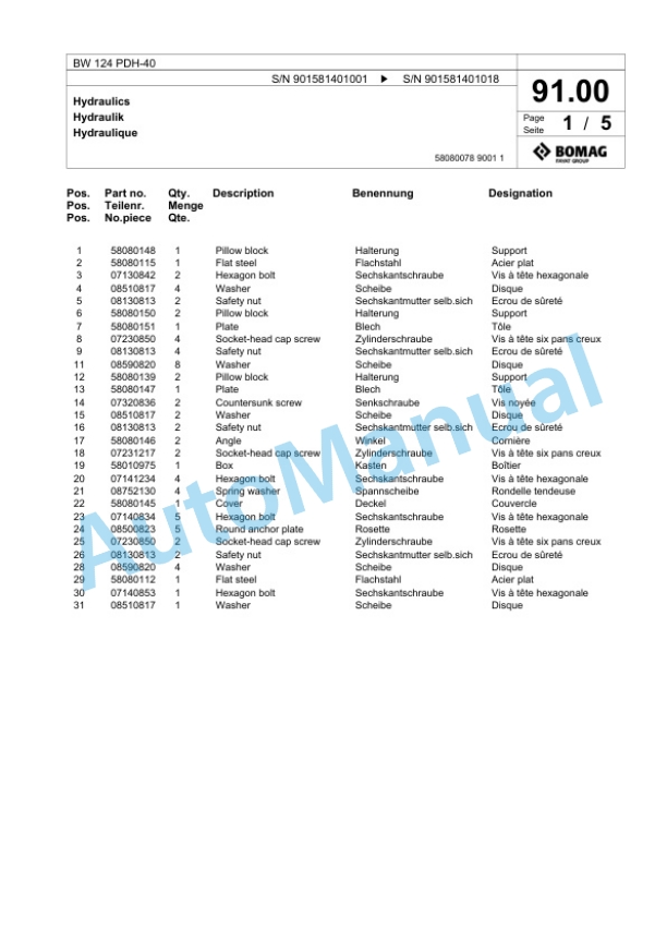 Bomag BW 124 PDH-40 Single Drum Wheel Drive Vibratory Roller Spare Parts Catalogue 00818523-3