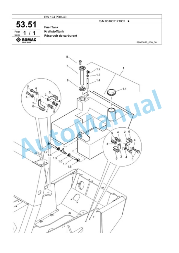 Bomag BW 124 PDH-40 Single Drum Wheel Drive Vibratory Roller Spare Parts Catalogue 00824497-3