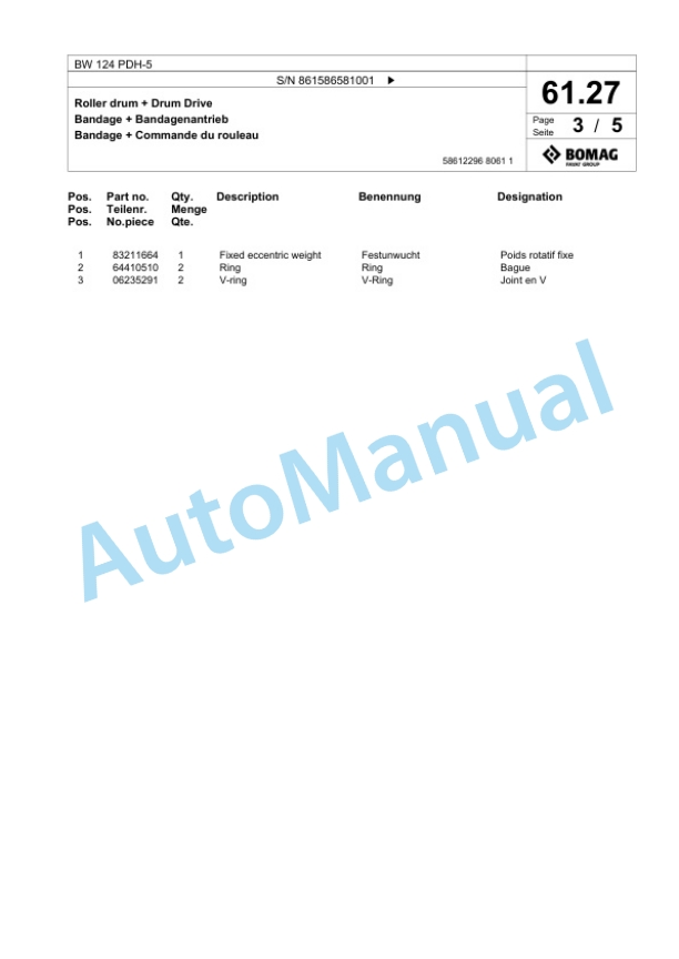 Bomag BW 124 PDH-5 Single Drum Wheel Drive Vibratory Roller Spare Parts Catalogue 00825075-2