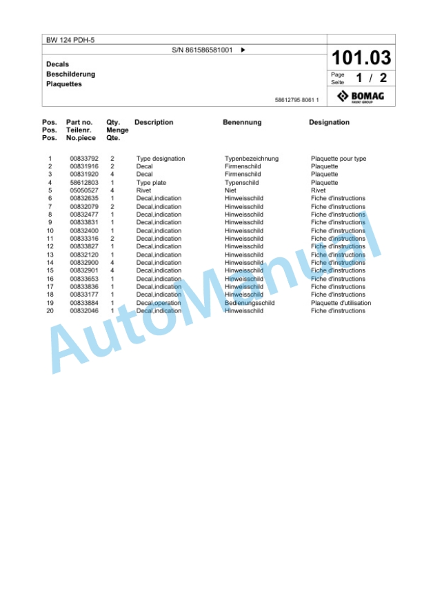 Bomag BW 124 PDH-5 Single Drum Wheel Drive Vibratory Roller Spare Parts Catalogue 00825075-4