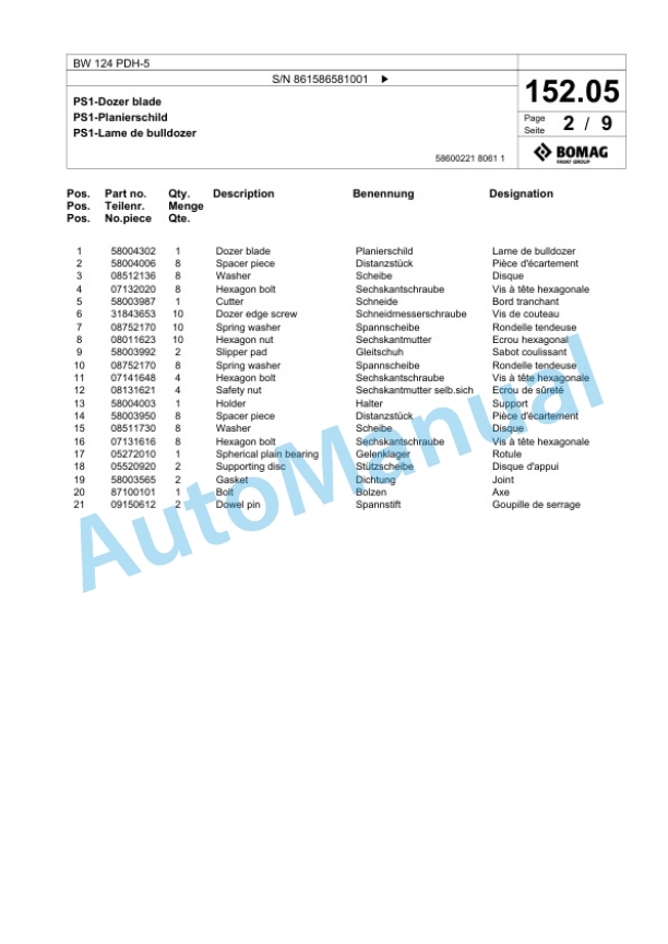 Bomag BW 124 PDH-5 Single Drum Wheel Drive Vibratory Roller Spare Parts Catalogue 00825075-5