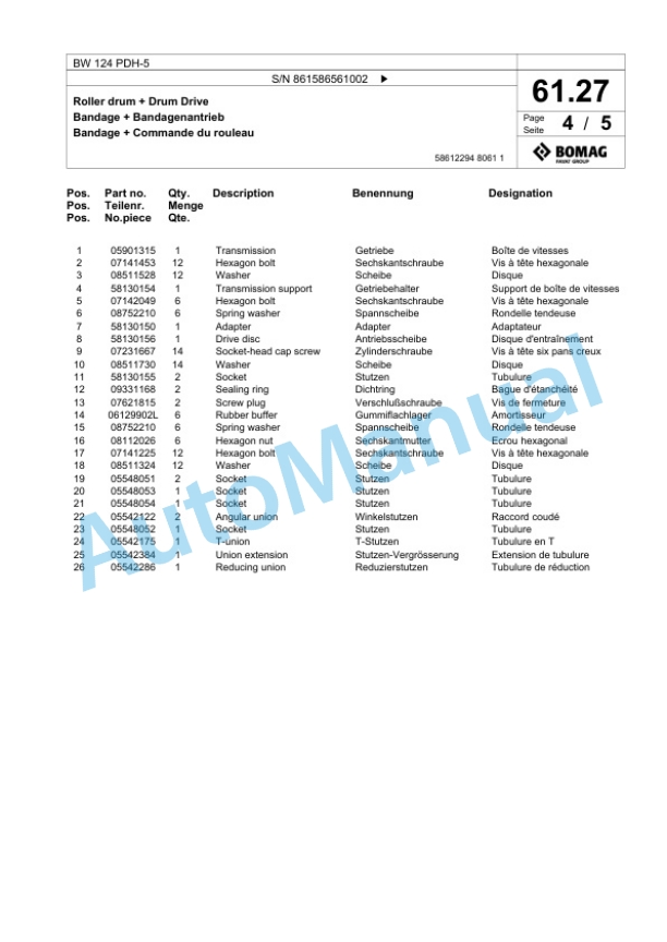 Bomag BW 124 PDH-5 Single Drum Wheel Drive Vibratory Roller Spare Parts Catalogue 00825191-2