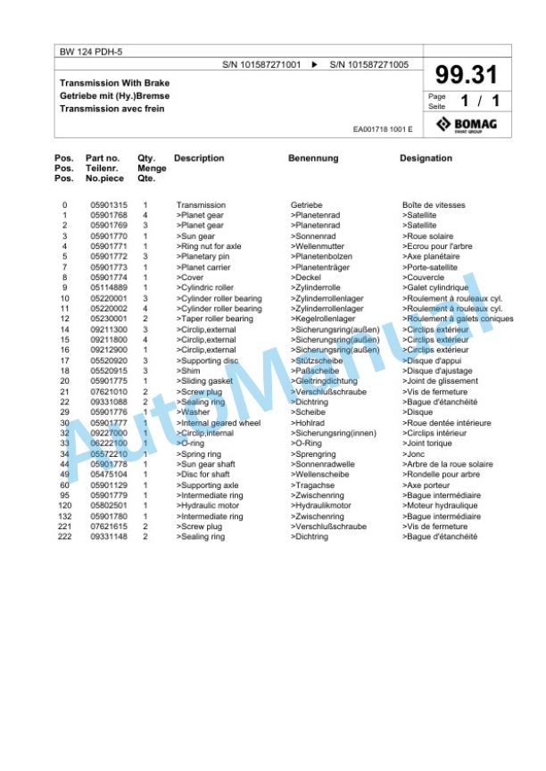 Bomag BW 124 PDH-5 Single Drum Wheel Drive Vibratory Roller Spare Parts Catalogue 00825625-3